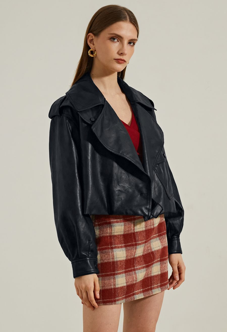 Stud Button Faux Leather Moto Jacket in Black