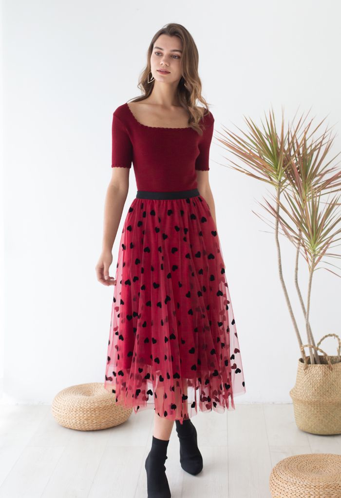 3D Heart Double-Layered Mesh Maxi Skirt in Red