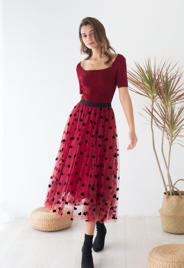 3D Heart Double-Layered Mesh Maxi Skirt in Red