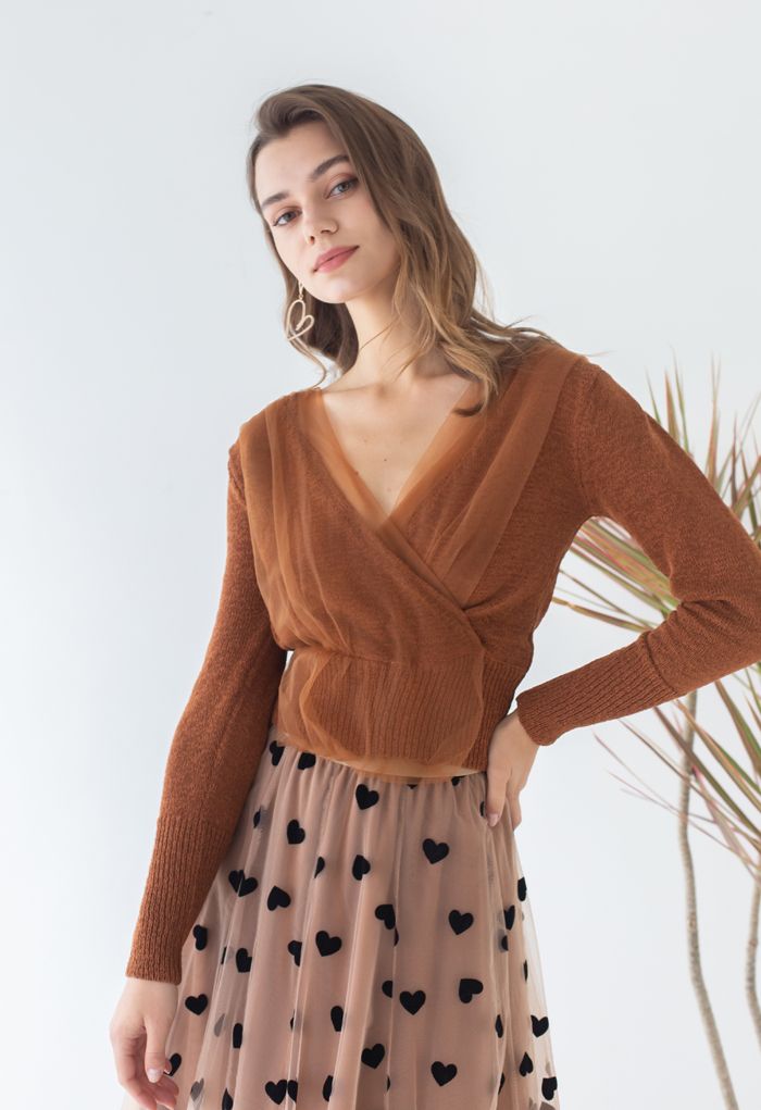 Mesh Overlay Long Sleeve Wrap Crop Knit Top in Caramel