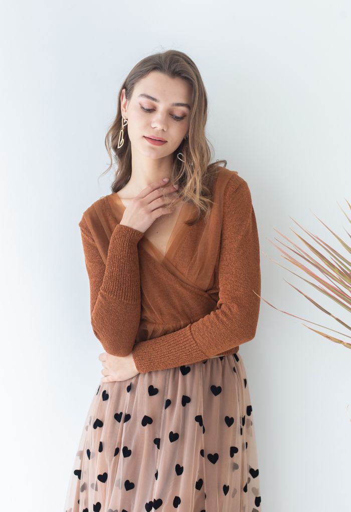 Mesh Overlay Long Sleeve Wrap Crop Knit Top in Caramel