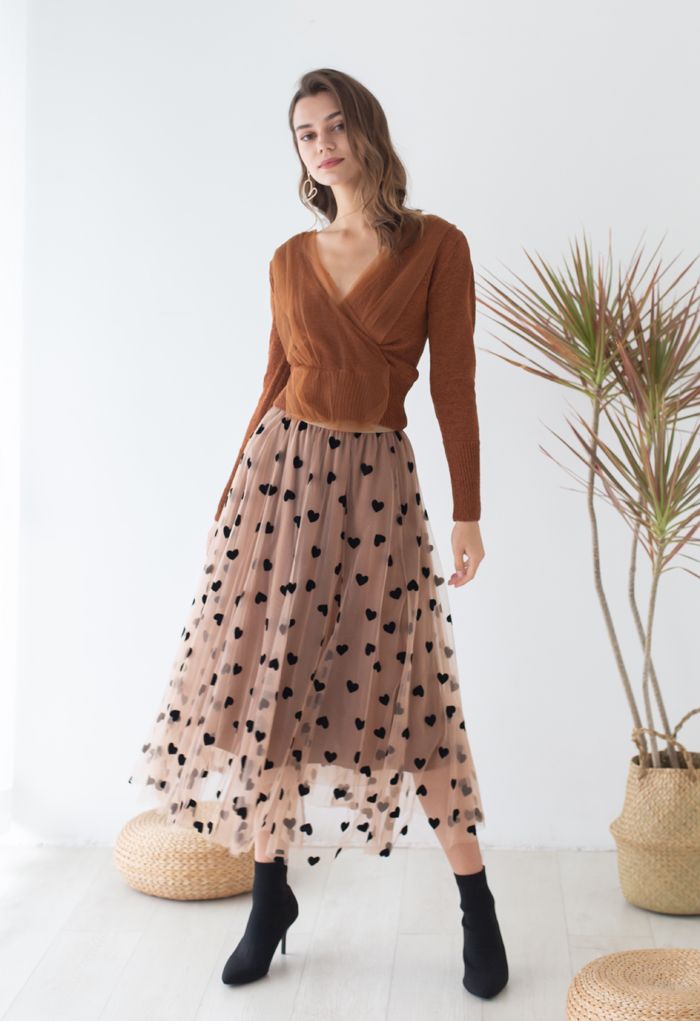 Mesh Overlay Long Sleeve Wrap Crop Knit Top in Caramel