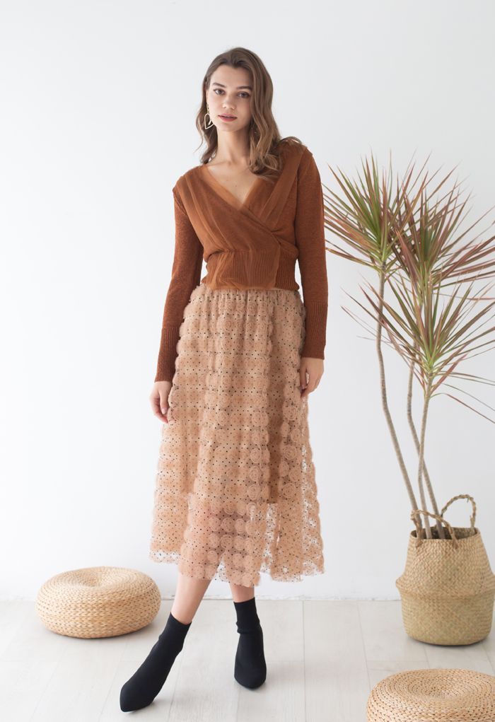 3D Rose Mesh Tulle Midi Skirt in Caramel