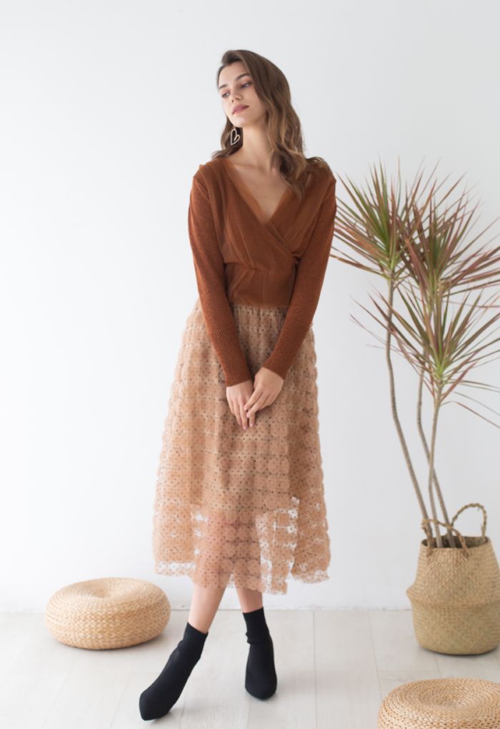 3D Rose Mesh Tulle Midi Skirt in Caramel