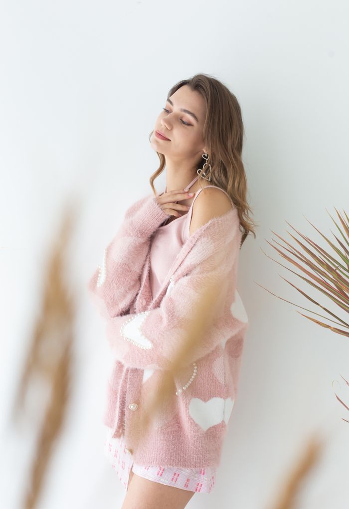 Pearly Contrast Heart Soft Fuzzy Knit Cardigan in Pink