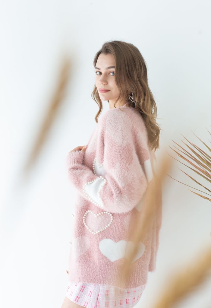 Pearly Contrast Heart Soft Fuzzy Knit Cardigan in Pink