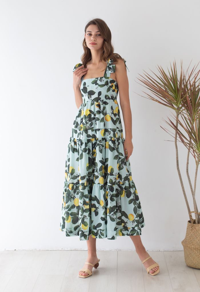 Minty Lemon Printed Tie-Strap Maxi Dress