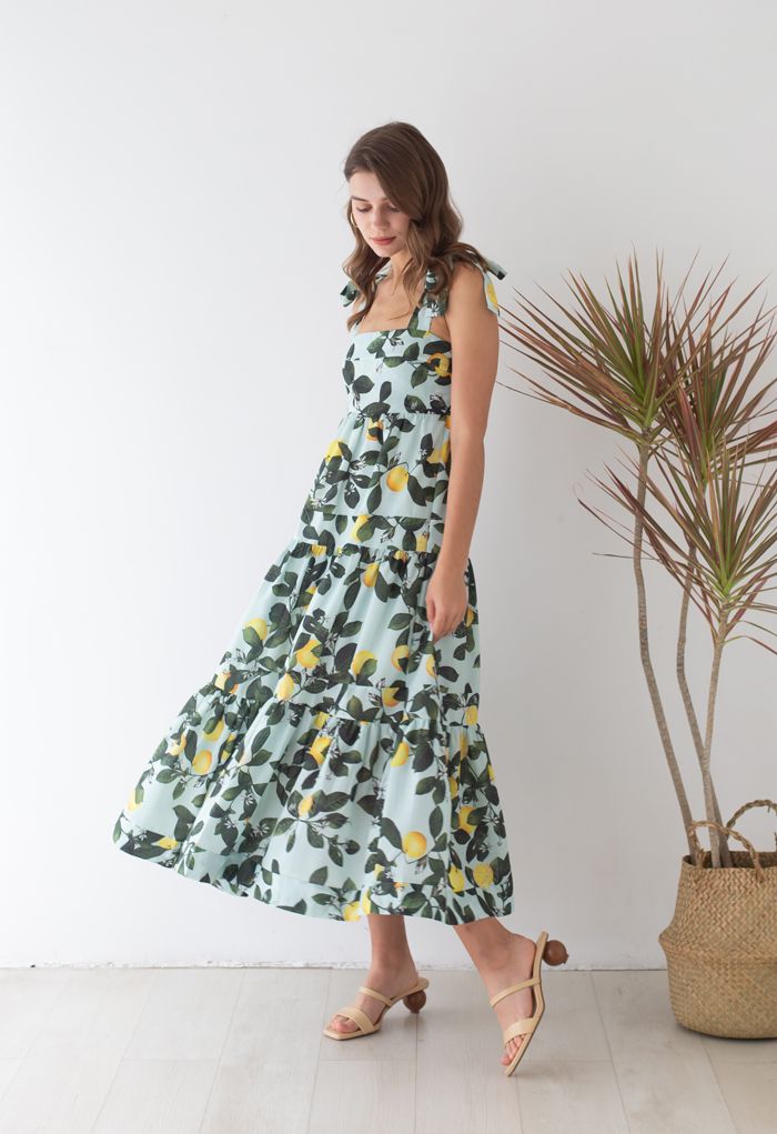 Minty Lemon Printed Tie-Strap Maxi Dress