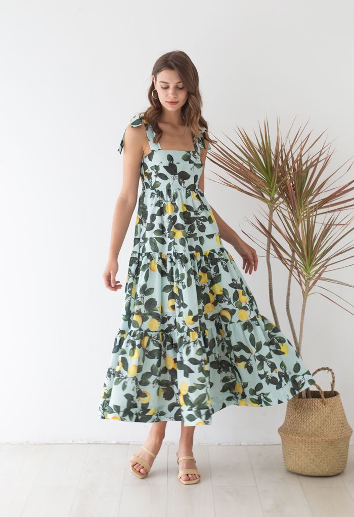 Minty Lemon Printed Tie-Strap Maxi Dress