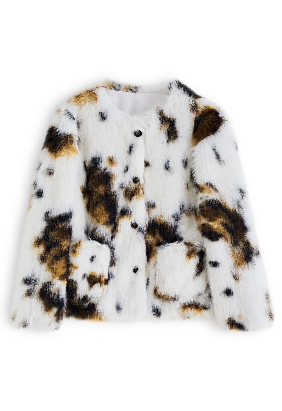 Collarless Spots Print Faux Fur Coat