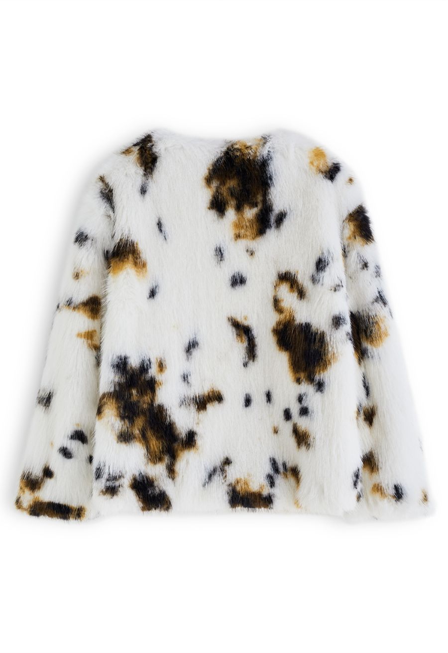 Collarless Spots Print Faux Fur Coat