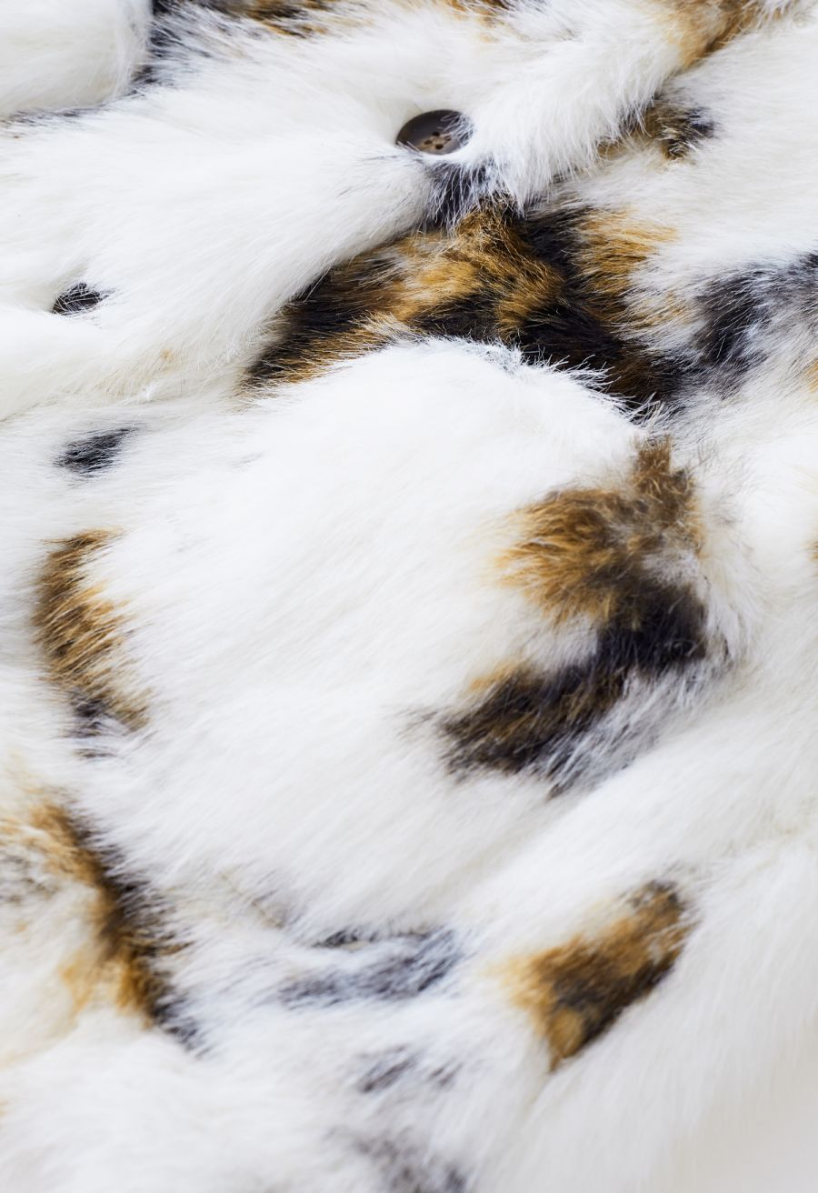 Collarless Spots Print Faux Fur Coat