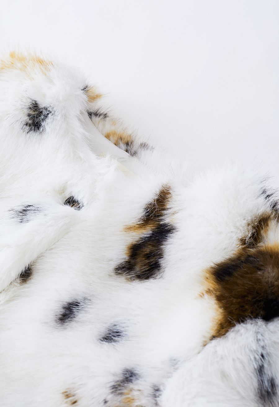Collarless Spots Print Faux Fur Coat