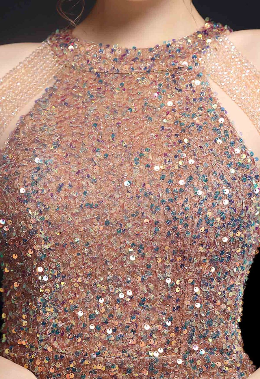 Sequins Halter Neck with Beads Cocktail Dress in Champagne