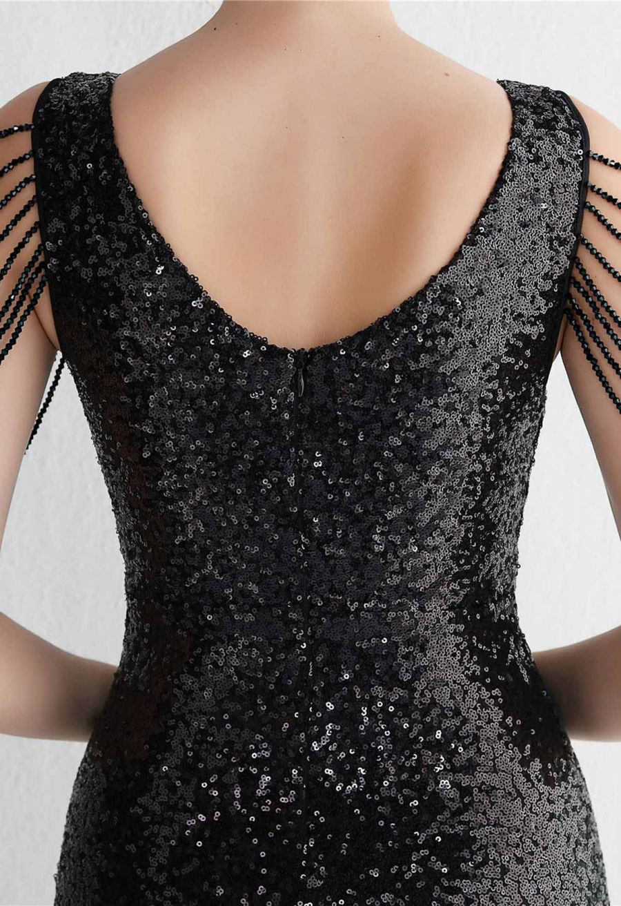 Beaded Shoulder Ombre Sequins Cocktail Dress in Black
