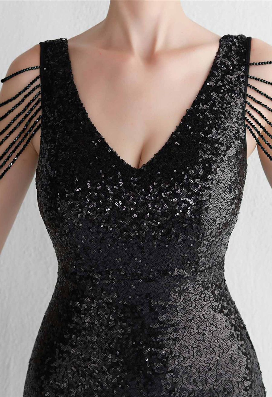 Beaded Shoulder Ombre Sequins Cocktail Dress in Black