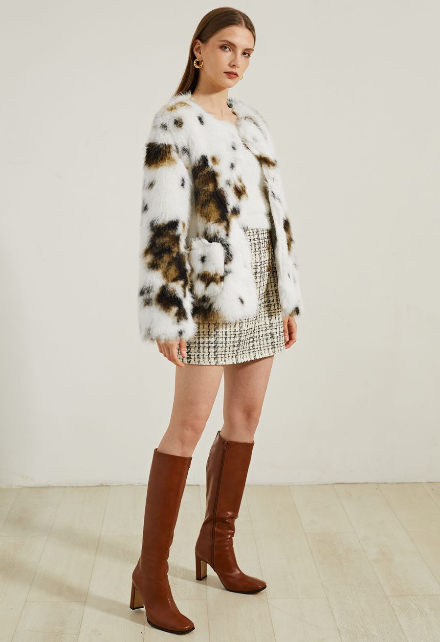 Collarless Spots Print Faux Fur Coat
