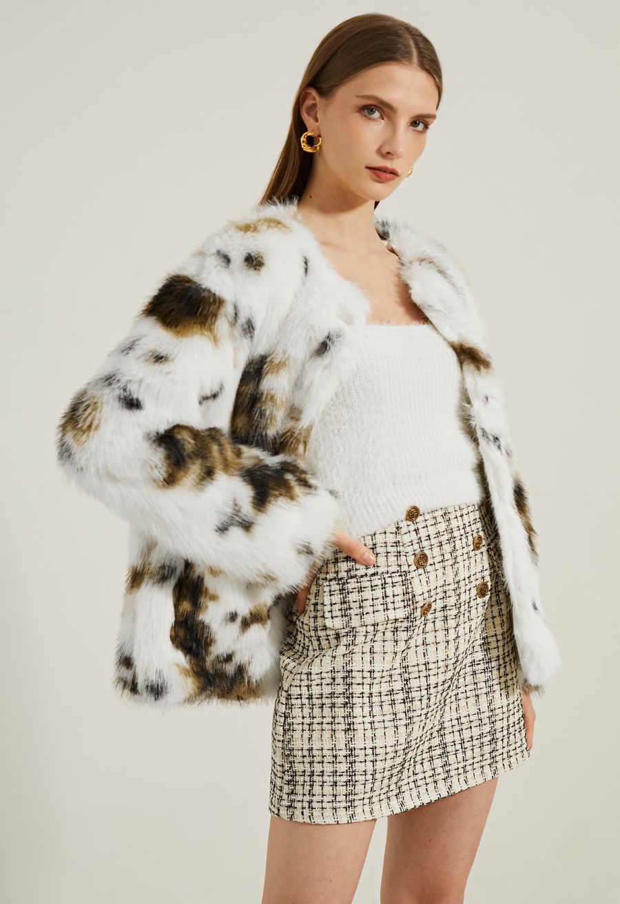 Collarless Spots Print Faux Fur Coat
