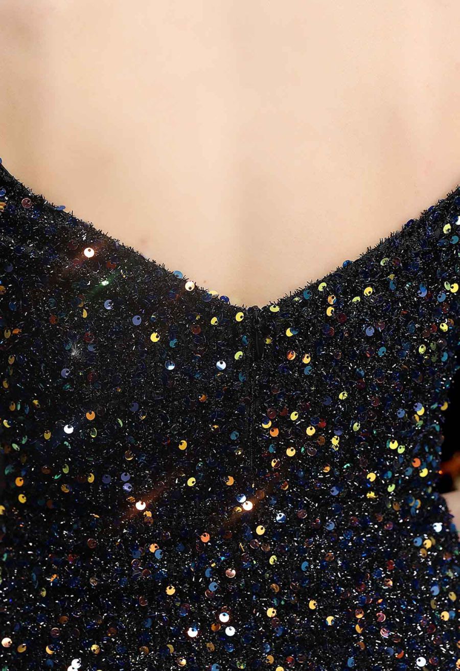 Enchanting Sequined Tie-String Cocktail Dress in Black