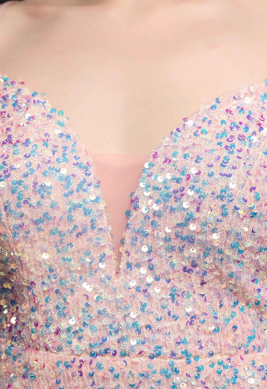 Enchanting Sequined Tie-String Cocktail Dress in Pink