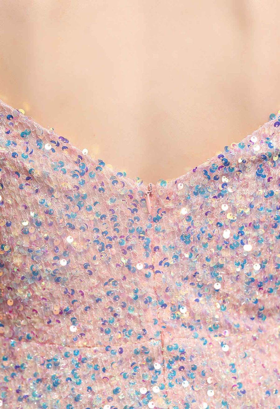 Enchanting Sequined Tie-String Cocktail Dress in Pink