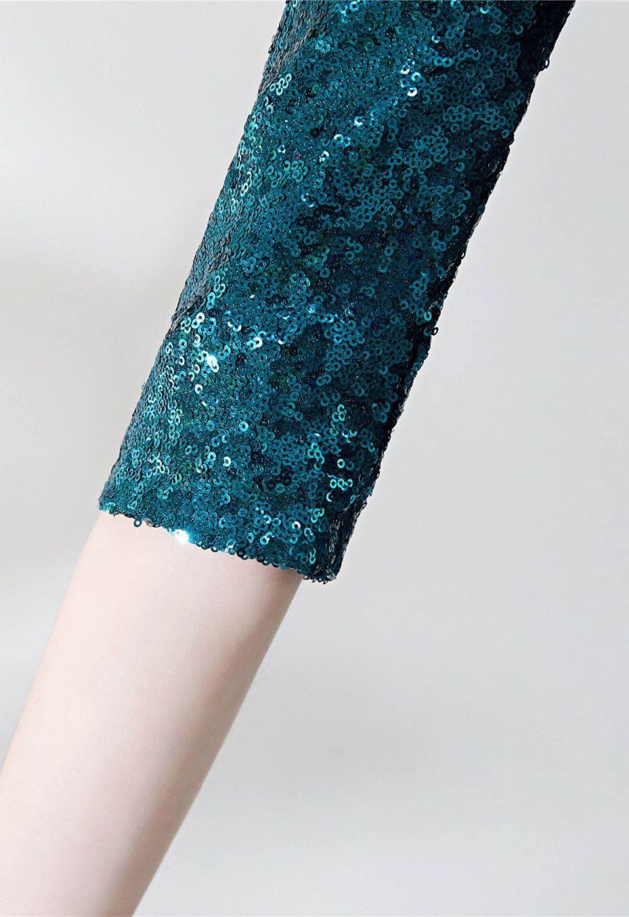 V-Neck Chiffon Spliced Sequined Cocktail Dress in Green