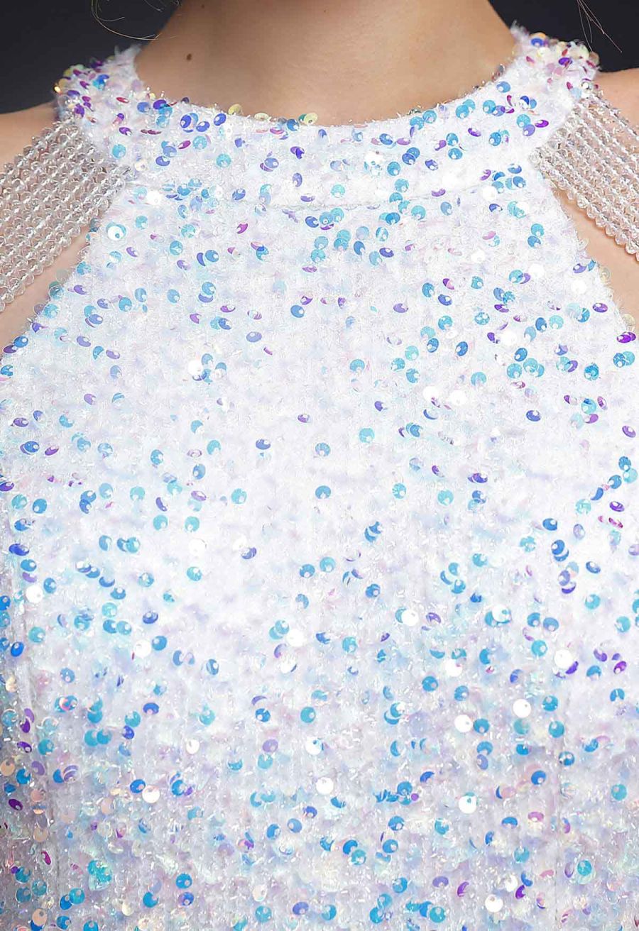 Sequins Halter Neck with Beads Cocktail Dress in White