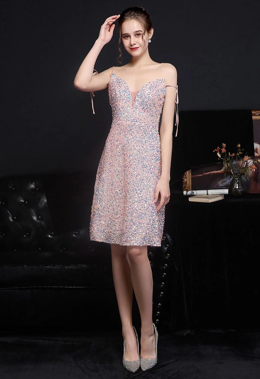 Enchanting Sequined Tie-String Cocktail Dress in Pink