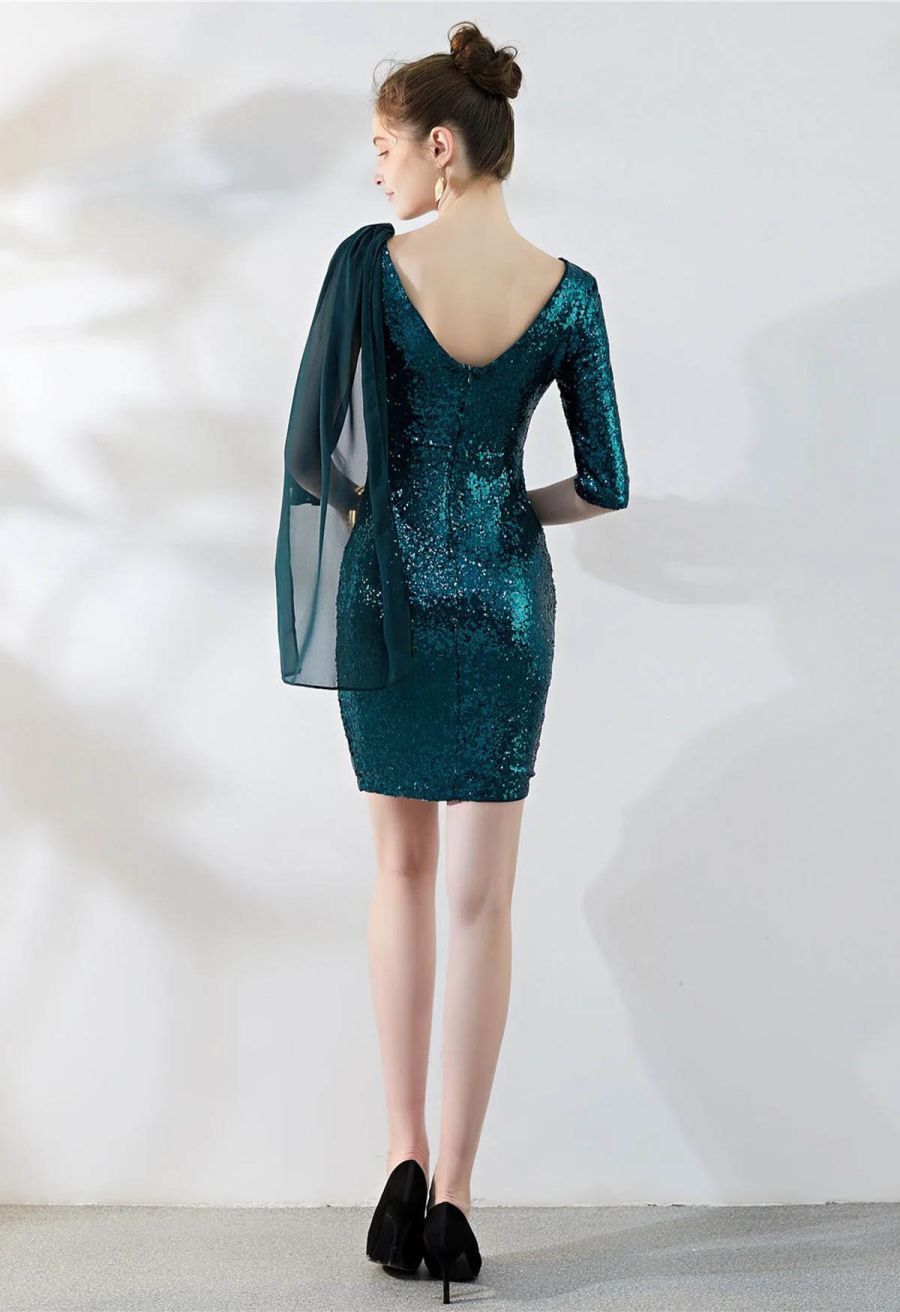 V-Neck Chiffon Spliced Sequined Cocktail Dress in Green