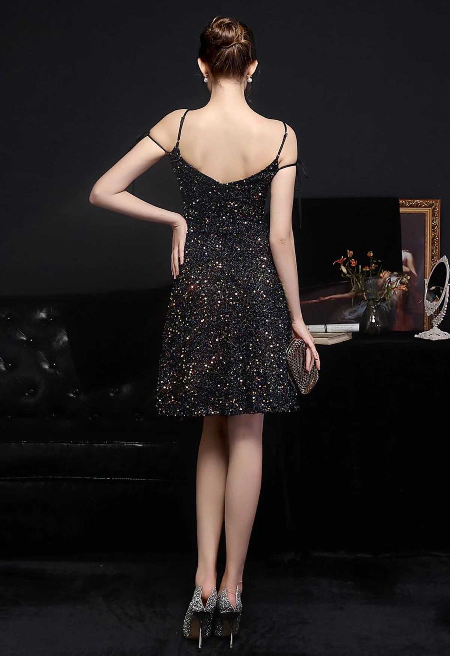 Enchanting Sequined Tie-String Cocktail Dress in Black