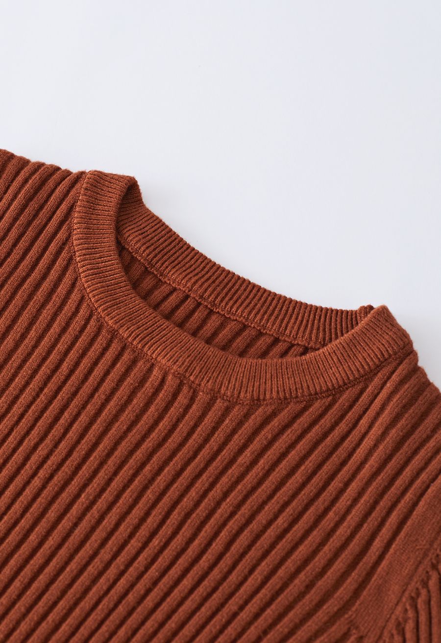 Ribbed Texture Frilling Midi Dress in Caramel