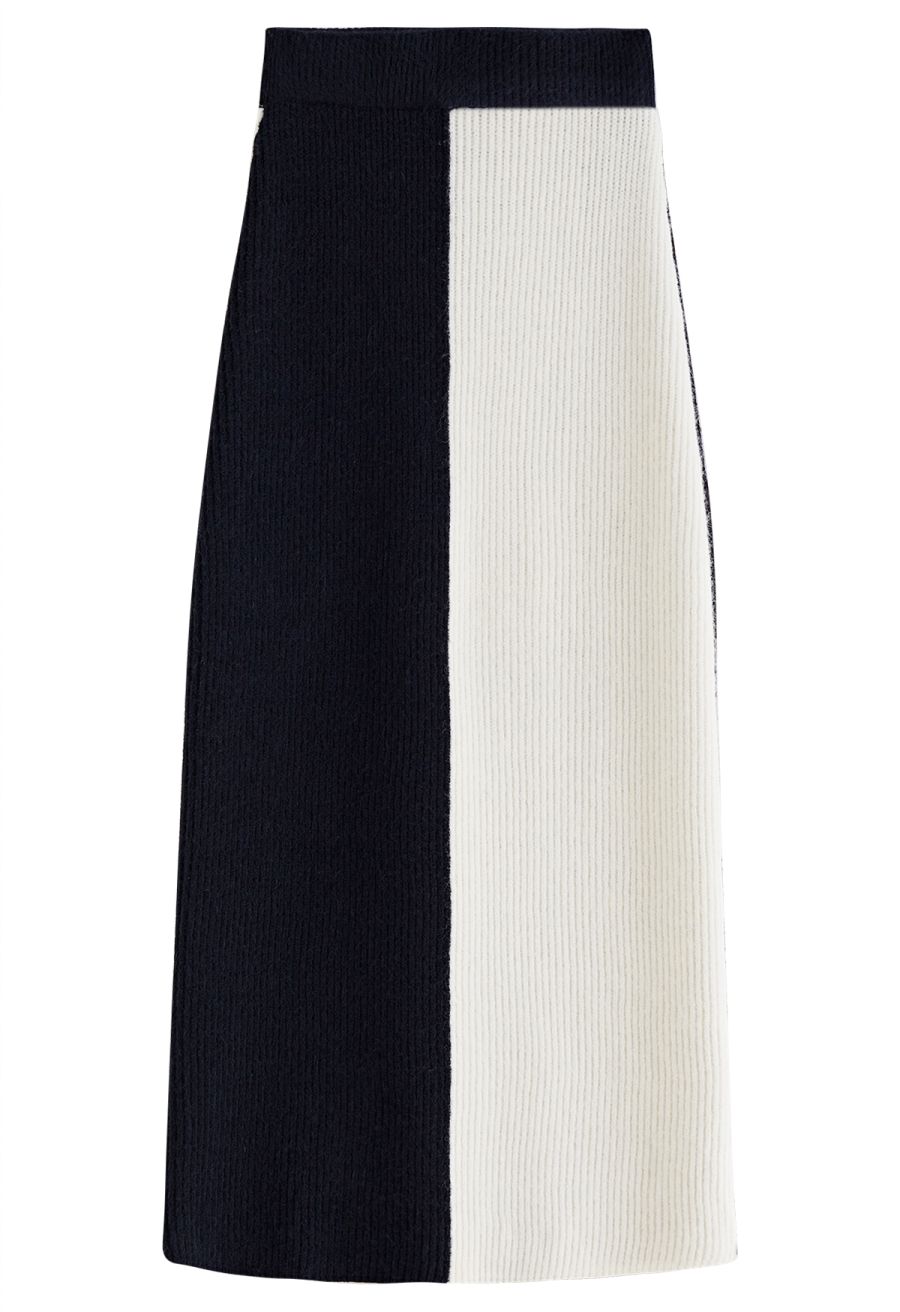 Bicolor Ribbed Knit Oversized Sweater and Pencil Skirt Set in Black