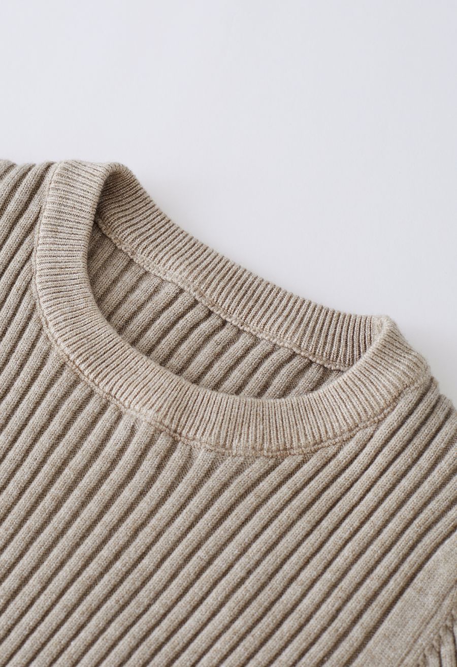 Ribbed Texture Frilling Midi Dress in Taupe