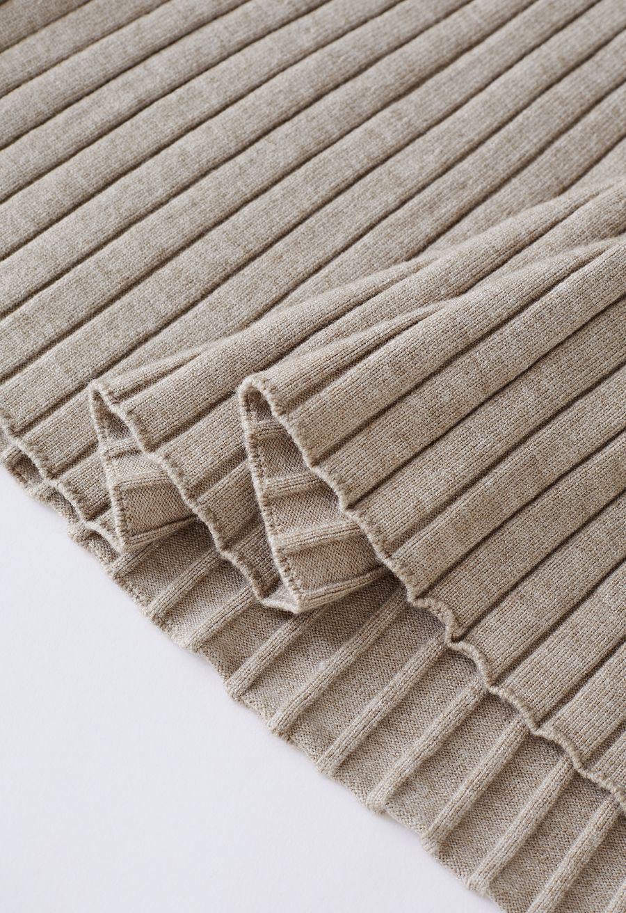 Ribbed Texture Frilling Midi Dress in Taupe