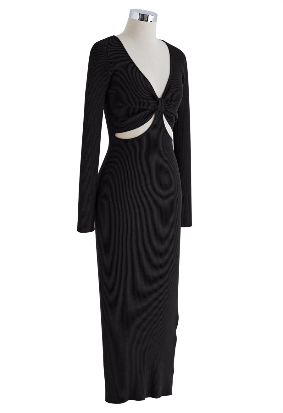 Front Cutout Split Hem Knit Dress in Black