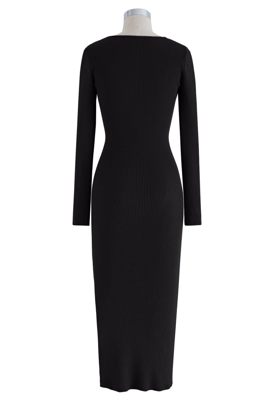 Front Cutout Split Hem Knit Dress in Black
