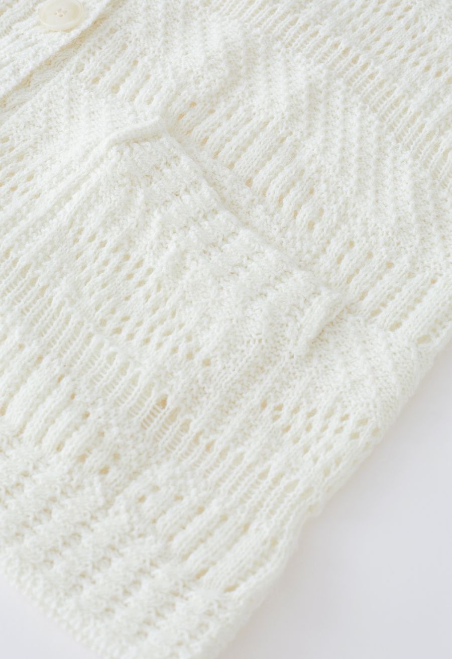 Button Down Openwork Knit Cardigan in Ivory