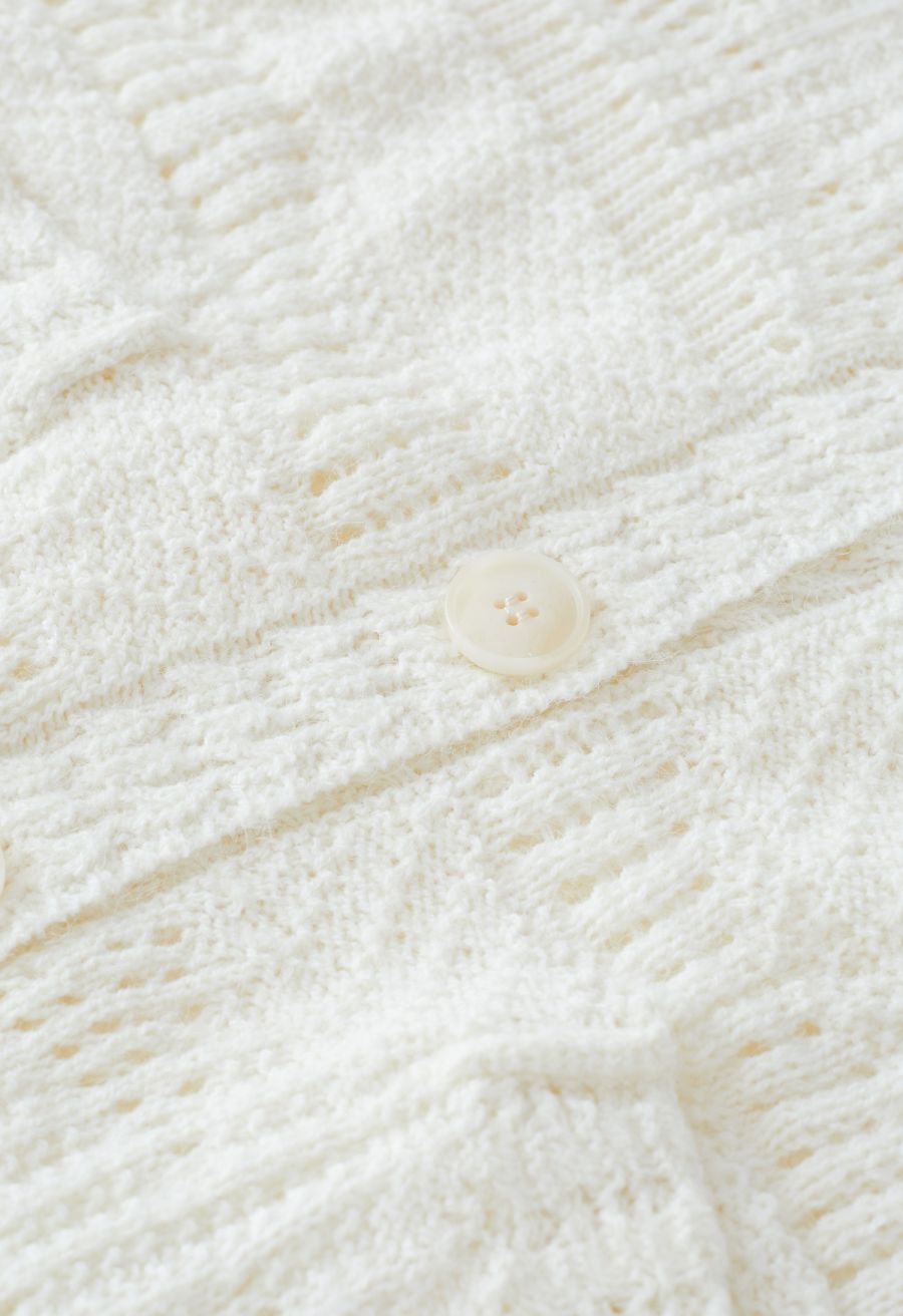 Button Down Openwork Knit Cardigan in Ivory