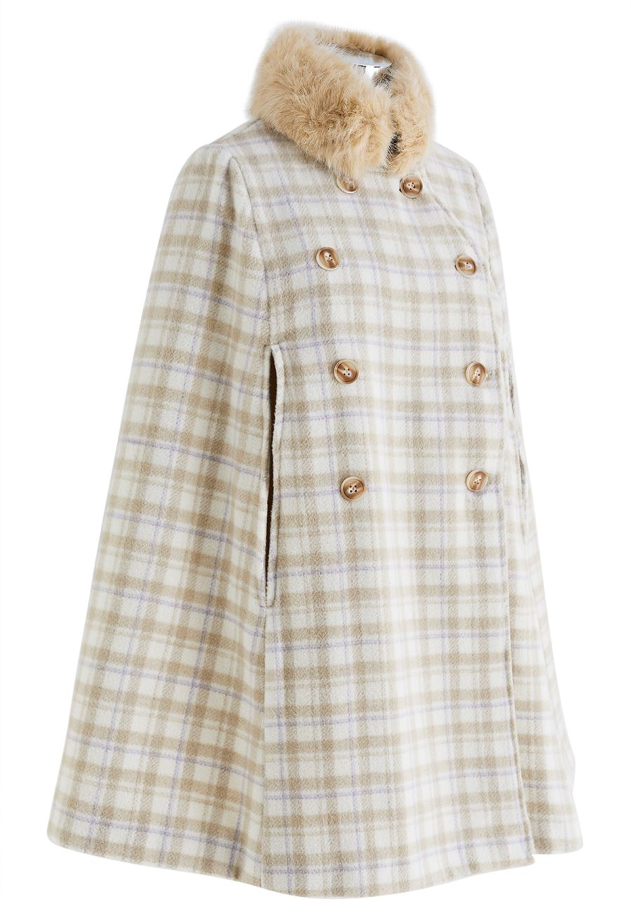 Plaid Faux Fur Collar Double-Breasted Cape Coat