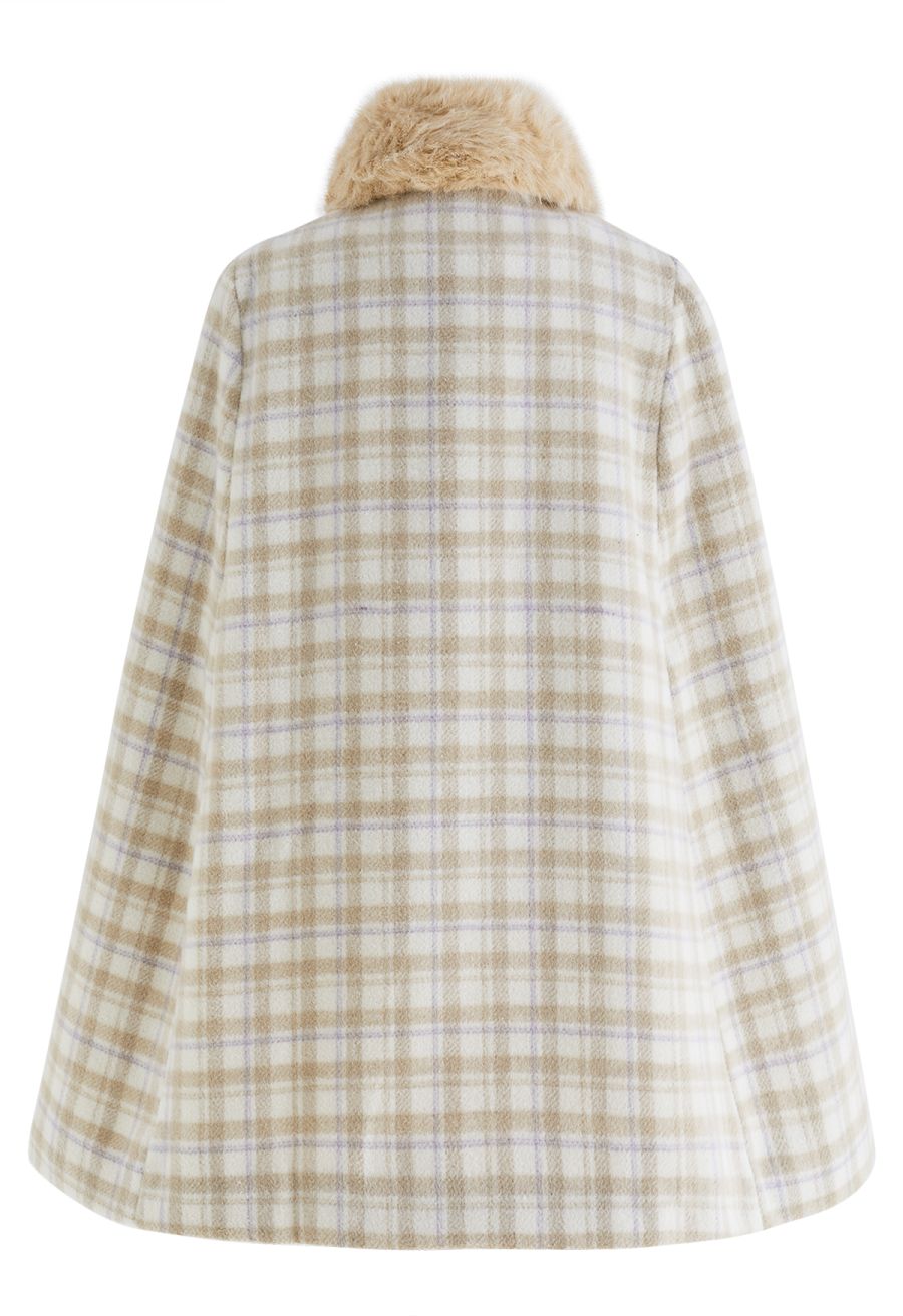 Plaid Faux Fur Collar Double-Breasted Cape Coat