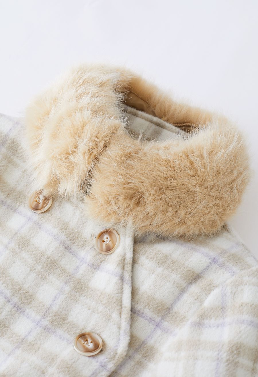 Plaid Faux Fur Collar Double-Breasted Cape Coat