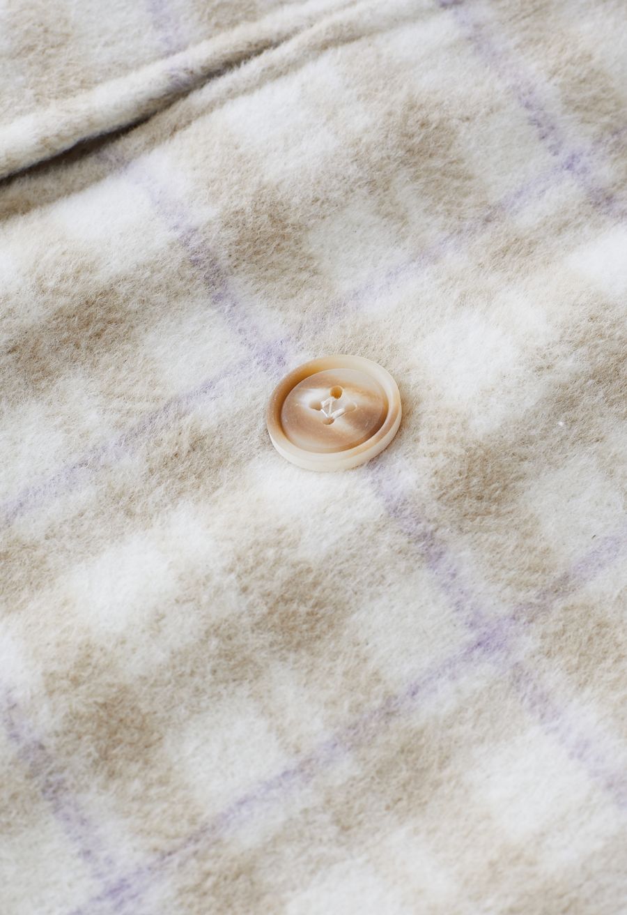 Plaid Faux Fur Collar Double-Breasted Cape Coat