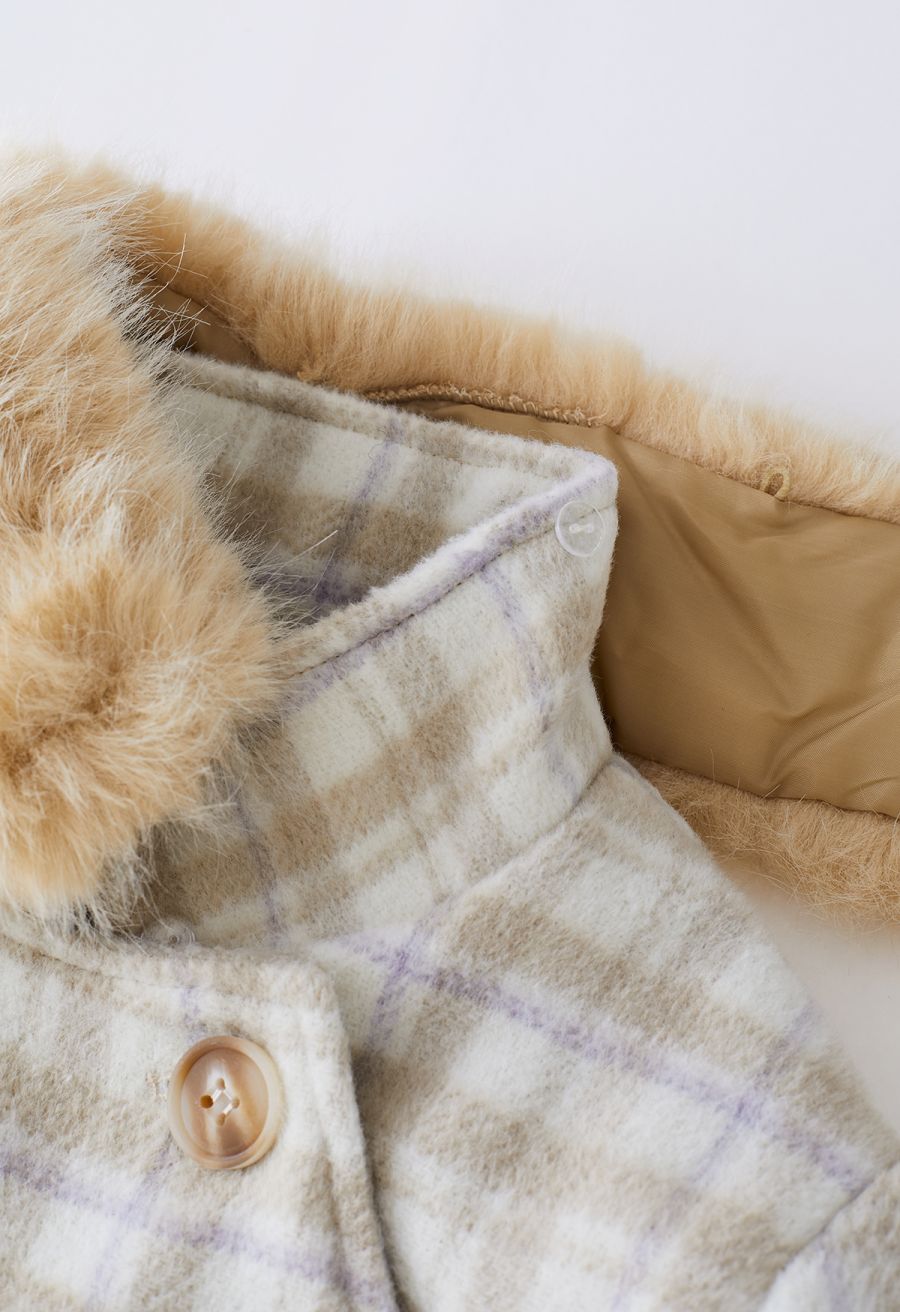 Plaid Faux Fur Collar Double-Breasted Cape Coat