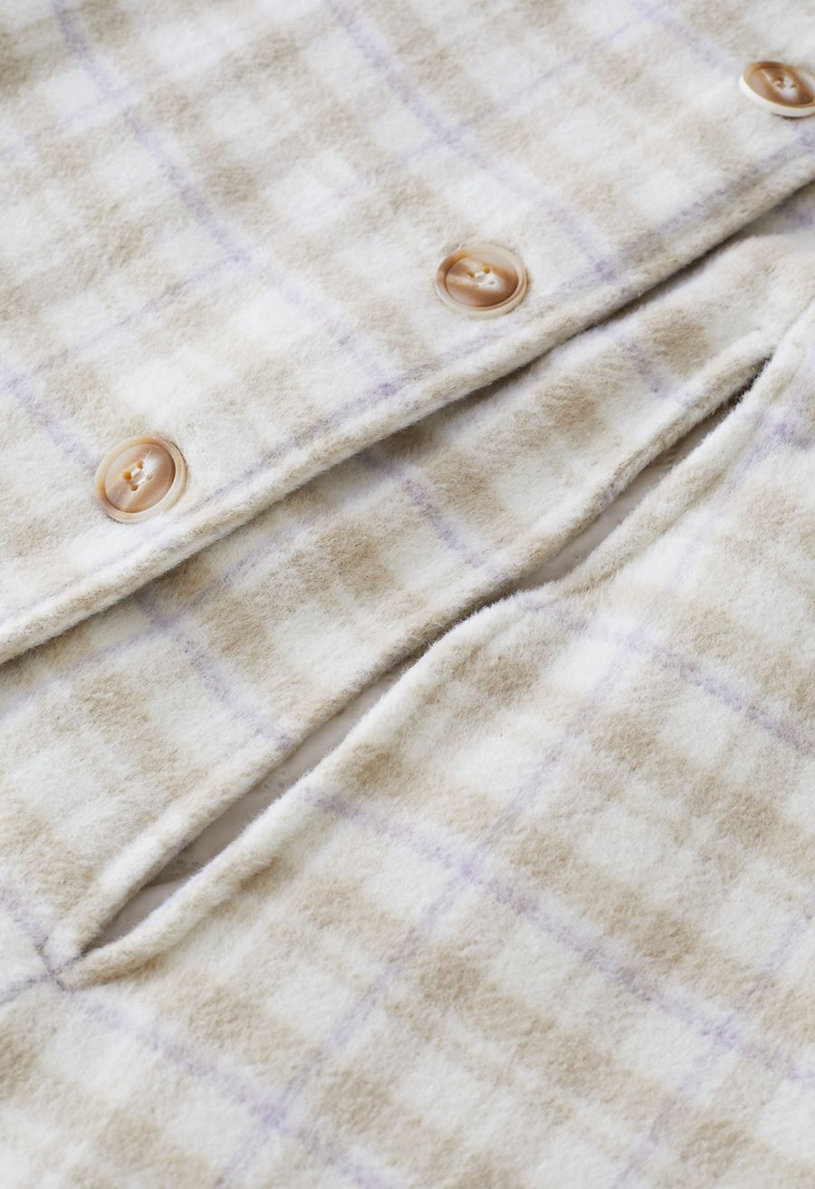 Plaid Faux Fur Collar Double-Breasted Cape Coat