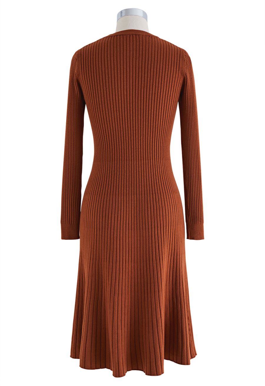Ribbed Texture Frilling Midi Dress in Caramel