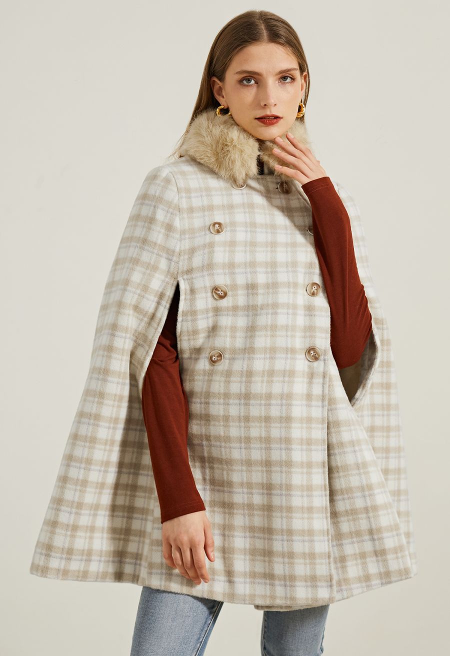 Plaid Faux Fur Collar Double-Breasted Cape Coat