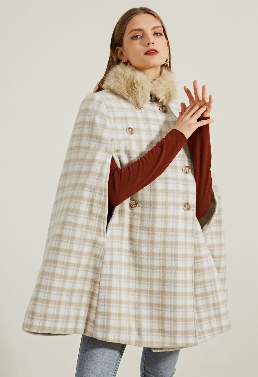 Plaid Faux Fur Collar Double-Breasted Cape Coat