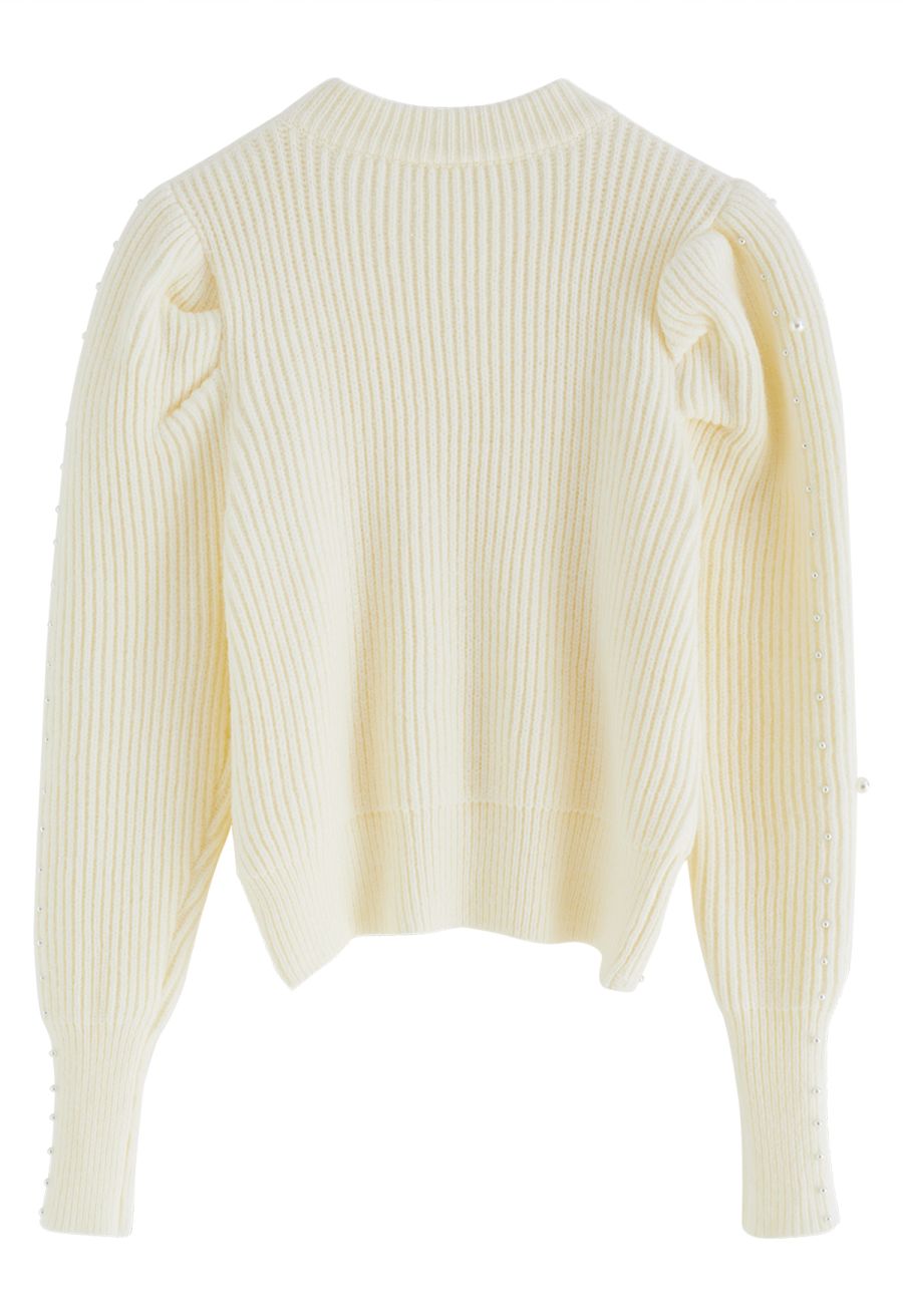 Pearl Embellished Puff Sleeve Knit Sweater in Cream