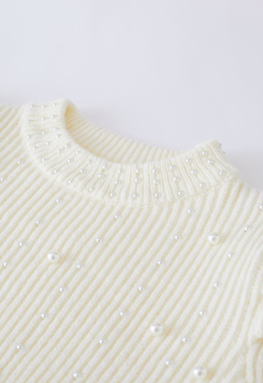 Pearl Embellished Puff Sleeve Knit Sweater in Cream