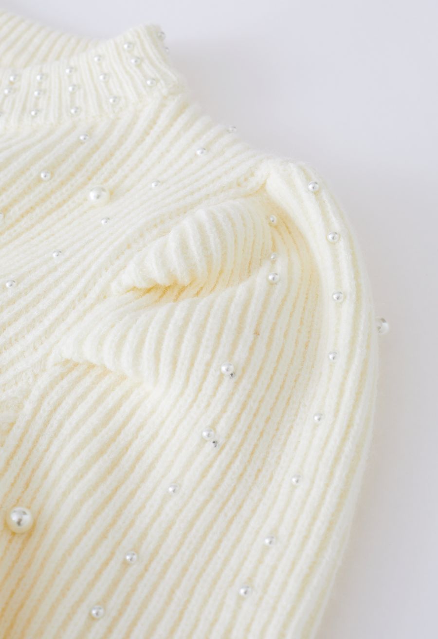 Pearl Embellished Puff Sleeve Knit Sweater in Cream